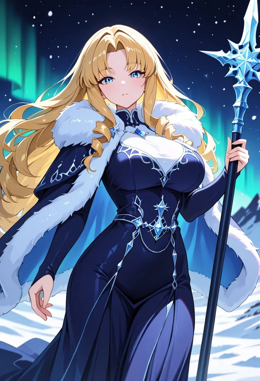 masterpiece, best quality, good quality, very aesthetic, absurdres, newest, 8K, depth of field, in the style of cknc, artist:moriimee, in the style of cksc,
1girl, tan skin, long blonde hair, braided, blue eyes, large breasts, bouncy, fur cloak, snowy skin, holding spear, looking at viewer, from side
BREAK
icy tundra, aurora borealis, wolves howling
BREAK
cool tones, aurora glow, high contrast, frosty shine, rich details, wild atmosphere