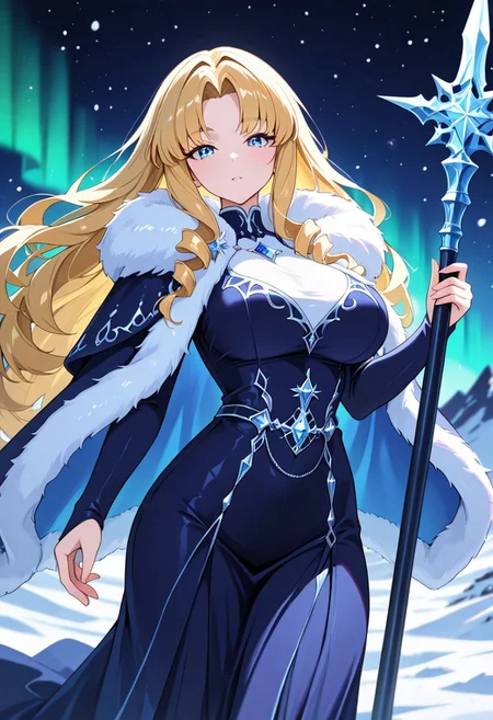 masterpiece, best quality, good quality, very aesthetic, absurdres, newest, 8K, depth of field, in the style of cknc, artist:moriimee, in the style of cksc,
1girl, tan skin, long blonde hair, braided, blue eyes, large breasts, bouncy, fur cloak, snowy skin, holding spear, looking at viewer, from side
BREAK
icy tundra, aurora borealis, wolves howling
BREAK
cool tones, aurora glow, high contrast, frosty shine, rich details, wild atmosphere