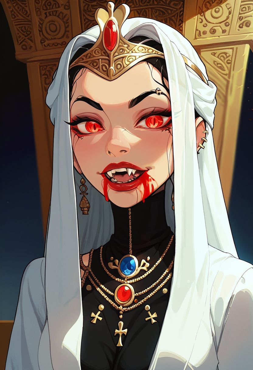 Score_9, Score_8_Upper, Score_8_Upper, Score_8_Upper, Score_8, solo, 1girl, anime, perfect face, bloody mouth, vampire sorceress, pale skin, black hair, black brows, scarlet eyes, piercing gaze, glowing eyes, decorated robes, golden jewelry, black gothic full robes, stitch marks, stitched skin, ghastly pale skin, egyptian royal crown, cracked skin, bloody skin, 
night sky, egyptian temple background, large fangs, casting a blood spell,