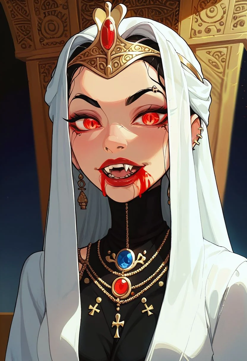 Score_9, Score_8_Upper, Score_8_Upper, Score_8_Upper, Score_8, solo, 1girl, anime, perfect face, bloody mouth, vampire sorceress, pale skin, black hair, black brows, scarlet eyes, piercing gaze, glowing eyes, decorated robes, golden jewelry, black gothic full robes, stitch marks, stitched skin, ghastly pale skin, egyptian royal crown, cracked skin, bloody skin, 
night sky, egyptian temple background, large fangs, casting a blood spell,