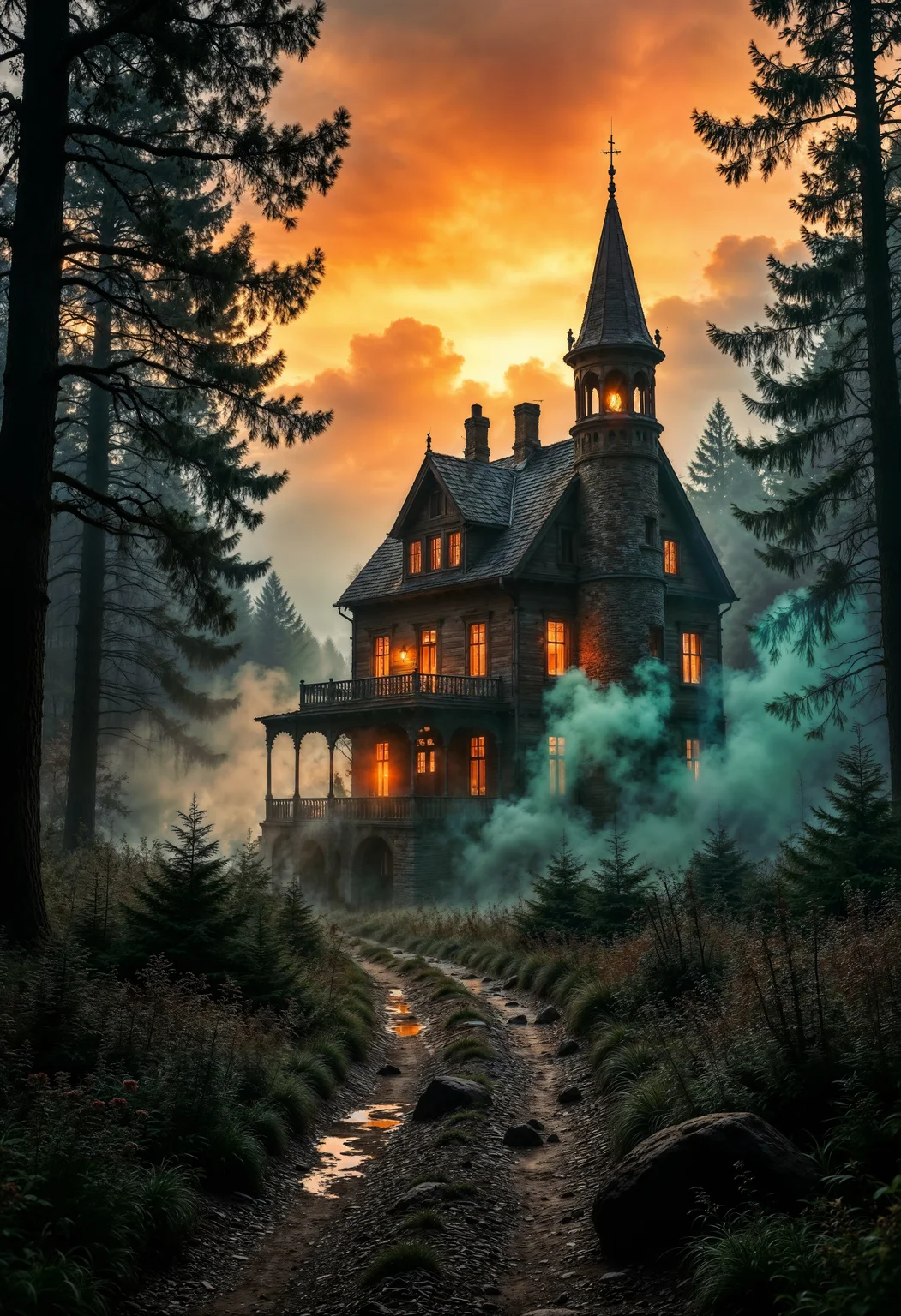 A stunning, vibrant cinematic photograph of a mysterious old castle in the mist-shrouded foothills of a mystical forest, fantasy art that evokes a sense of high-stakes drama in the style of Image's comic book photography, photo-realistic textures and film grains immerse the viewer in the scene, bathed in warm, golden light dotted with emerald greens and crimson reds, as if the forest itself were ablaze, the Ethereal clouds surround the forest, capturing the intensity of the fight for survival.