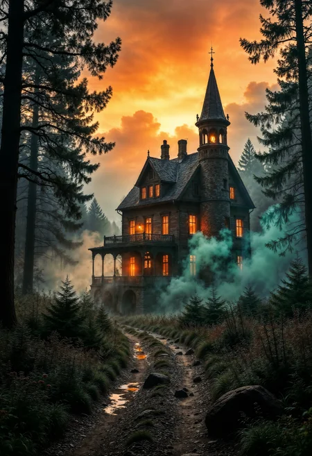 A stunning, vibrant cinematic photograph of a mysterious old castle in the mist-shrouded foothills of a mystical forest, fantasy art that evokes a sense of high-stakes drama in the style of Image's comic book photography, photo-realistic textures and film grains immerse the viewer in the scene, bathed in warm, golden light dotted with emerald greens and crimson reds, as if the forest itself were ablaze, the Ethereal clouds surround the forest, capturing the intensity of the fight for survival.