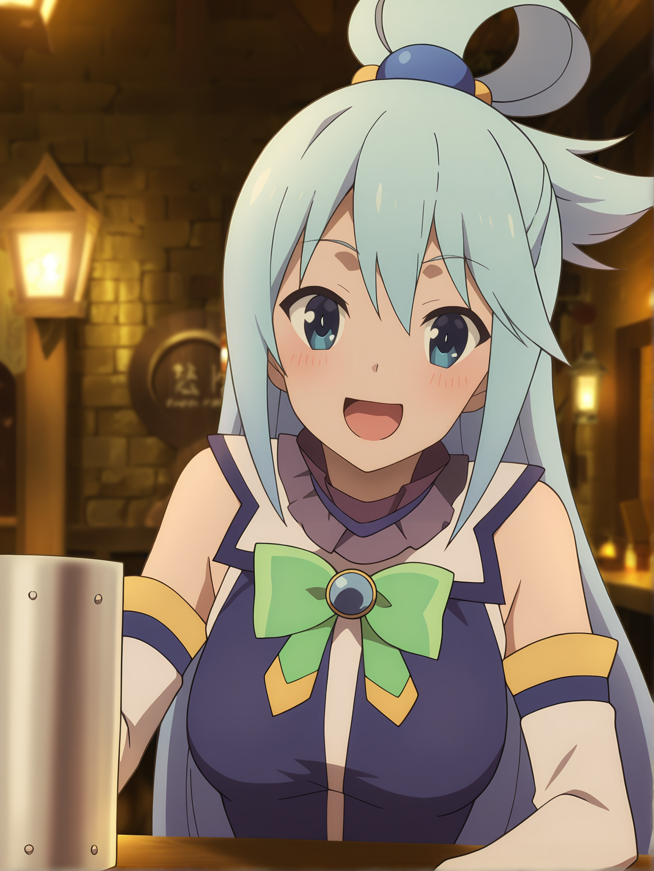 <lora:Aqua:0.8>, aqua, 1girl, solo, blue eyes, long blue hair, ahoge, looped side ponytail, hair ring, frilled high collar, bare shoulders, detached white sleeves, green chest bow, blue shirt, cheerful, radiant, open mouth, sitting, holding beer, drinking, looking at viewer, upper body, frontal view, indoors, lantern, brick wall, medieval tavern