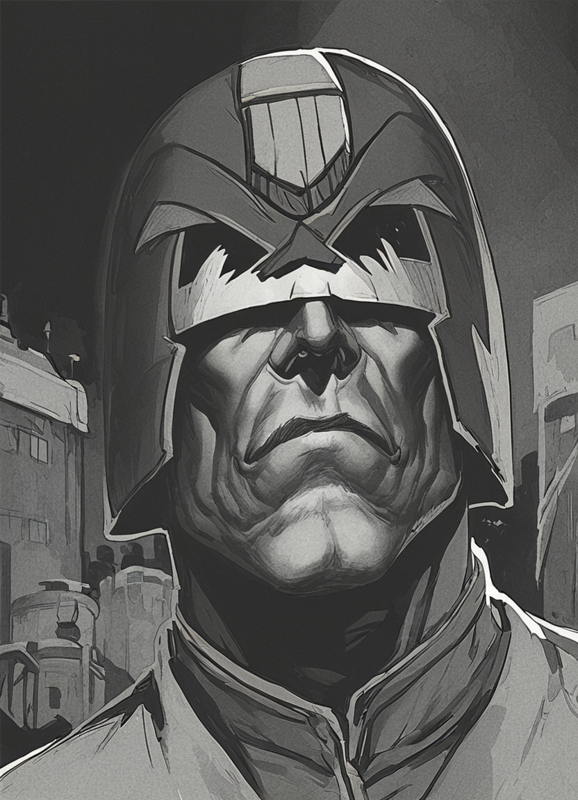 pencil drawing, man,jdgdrddcom, helmet, uniform, boots, grim expression, dark room, dark, hard shadows, monochrome, hard light, upper body portrait, manly, retro artstyle, city background,
 <lora:Judge_Dredd_Comic_Style_Pony_SDXL:0.8> <lora:Dark_Novel:0.8>, score_9, score_8_up, score_7_up,