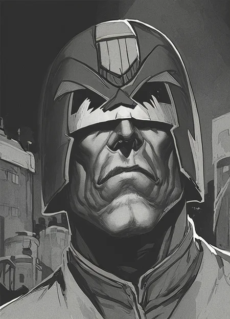 pencil drawing, man,jdgdrddcom, helmet, uniform, boots, grim expression, dark room, dark, hard shadows, monochrome, hard light, upper body portrait, manly, retro artstyle, city background,
<lora:Judge_Dredd_Comic_Style_Pony_SDXL:0.8> <lora:Dark_Novel:0.8>, score_9, score_8_up, score_7_up,