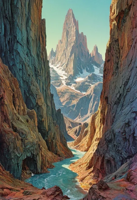 glitched wavy distortions, non-representational, colors and shapes, expression of feelings, imaginative, model,, towering mountains loom, their peaks highly detailed . extremely high-resolution details, photographic, Illustration by moebius and Pablo picasso (artist) abstract expressionism, detailed painting1930s black renaissance painting”on textured  film photography style,  medium grain, FRESHIDESH Moebius comic book