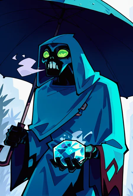 <lora:bigchill-07:1> bigchill, solo, 1boy, green eyes, blue skin, no humans, green sclera, teeth, no pupils, hood, cloak <lora:sakfsdajfkasd:1> alpharecdyt , steam breath, on bech, under umbrella, holding ice crystal,, masterpiece, best quality, amazing quality, very aesthetic, absurdres, newest,