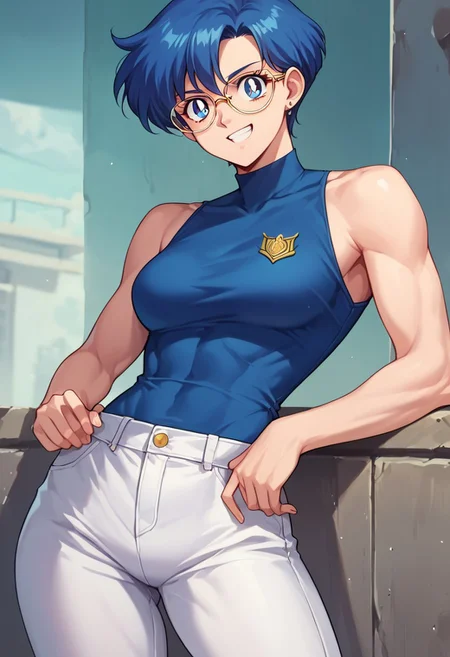 (masterpiece), best quality, a 19 year old girl with (long blue capri hair) and blue eyes, she wears a navy blue sleeveless shirt, white pants and glasses, she has a little muscle, smiling, score_9, score_8_up, score_7_up, source_anime, score_9, score_8_up, score_7_up, sm90s