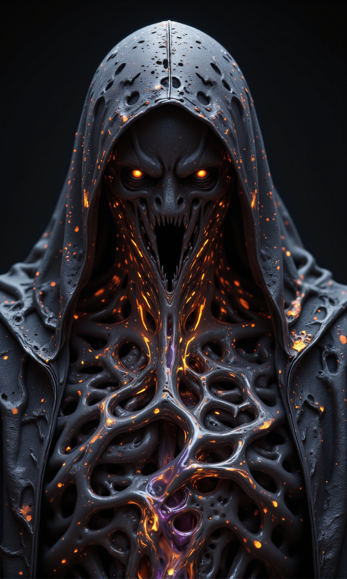 dark eldritch entity shrouded in a hooded cloak, its form shifting and twisting like living coral. The creature’s body is made of an organic, porous material, with countless holes forming eerie, unnatural patterns. Its face is obscured by the deep shadows of the hood, leaving only an unsettling void. The texture of its body is a mix of chitinous ridges and liquid-like structures, as if frozen mid-motion. The surface of the entity is primarily deep charcoal gray, but veins of glowing amber-orange and eerie violet pulsate through its porous structure, casting an ominous light. The orange glow seems to emanate like embers from within, while the violet has an ethereal, spectral quality, almost like liquid darkness. The cloak is a muted black with faint streaks of orange light reflecting off its edges, adding an otherworldly vibrancy to the darkness. The glowing elements create a ghostly contrast against the shadows, emphasizing its unnatural presence.