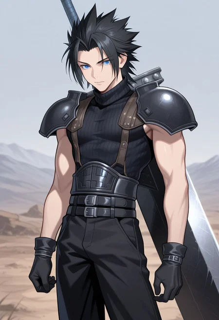 masterpiece,best quality,amazing quality, source_anime,
ZakkusuFea, 1boy, male focus, solo, blue eyes, black hair, spiked hair, short hair, shoulder armor, sleeveless turtleneck, gloves, black gloves, multiple belts, black pants, buster sword, outdoor,