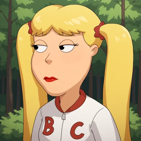 score_9_up, score_8_up, BREAK, Cindi, 1girl, solo, blonde hair, long hair, twintails, black eyes, lipstick, white jacket, upper body, <lora:Cindi_FamilyGuy_PXL_Leaf1:1>, outdoors, forest, closed mouth,