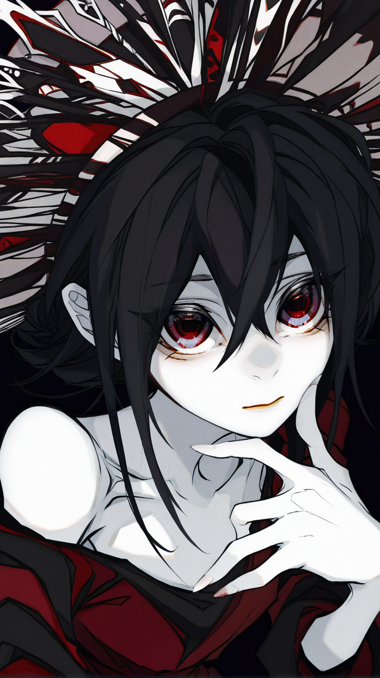 1girl, solo, long_hair, looking_at_viewer, black_hair, red_eyes, hat, dress, hair_between_eyes, closed_mouth, black_background, pale_skin, portrait