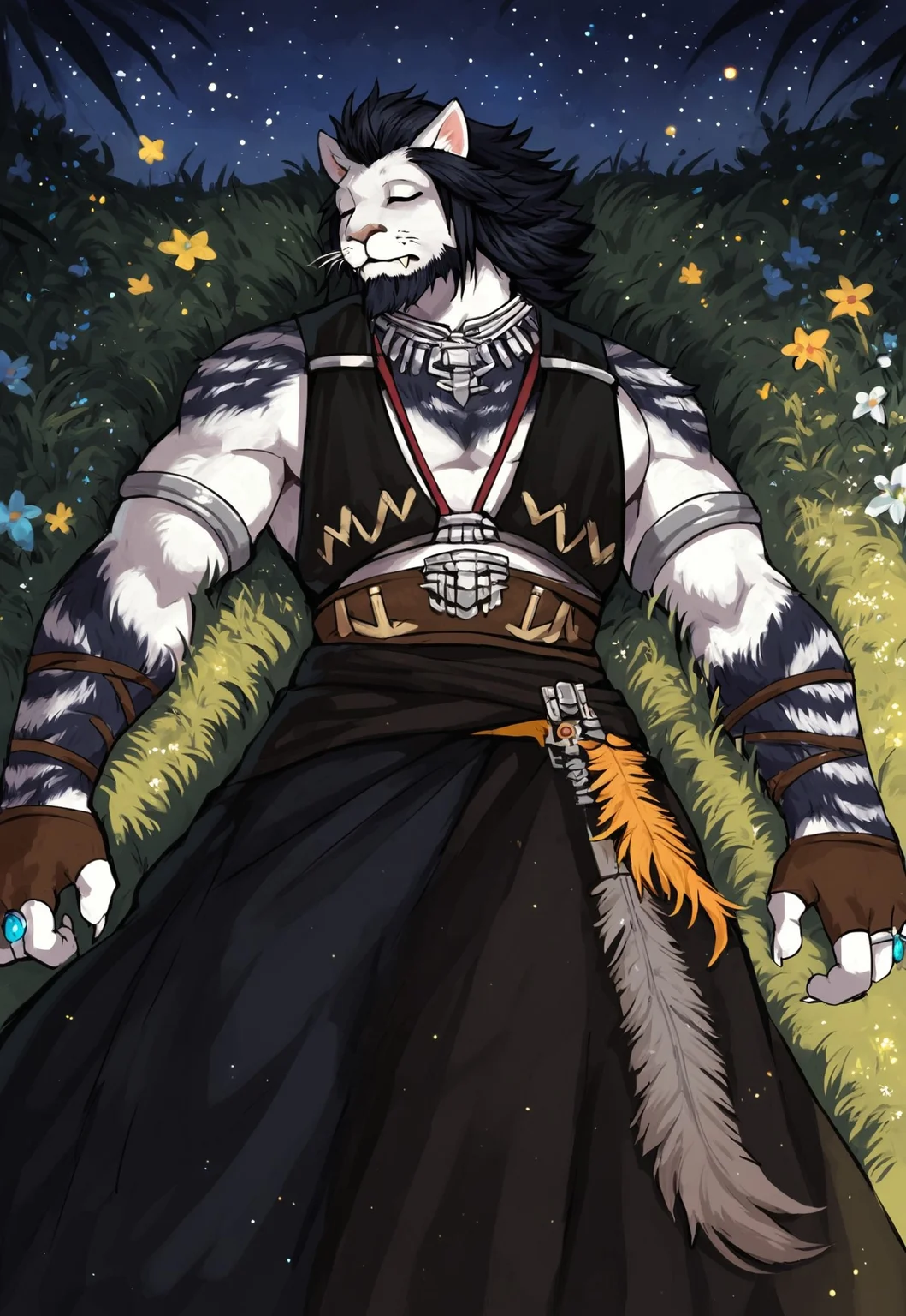 safe_pos, safe_pos, score_9, score_8_up, score_7_up, score_6_up, score_5_up, score_4_up, high quality, high detail, best quality, source:furry,
1boy, solo,
Runar, furry, cat, cat ears, animal ears, yellow eyes, whiskers, fangs, beard, facial hair, black hair, long hair, white fur, two-tone fur, claws, tail, RunarOutfit, necklace, jewelry, black vest, belt, fingerless gloves, ring, long skirt, feathers, feet out of frame,
laying, grass, laying in grass, sleeping, zzz, closed eyes, eyes closed,
outdoors, forest, night, stars in sky, stars (sky)