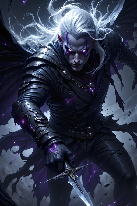 A hyper-realistic portrait, photorealistic photo close-up image of A drow assassin, shrouded in shadows, leaps through the air, his pale white hair trailing behind him like a ghostly comet. His dark purple skin contrasts against his silver eyes, which glimmer with deadly focus. His hands, gripping twin, curved daggers, are a blur as he slices through the air, moving with lethal precision. His angular face is set in a cold, calculating expression, lips pressed into a thin line as he executes his deadly maneuver. His dark leather armor clings tightly to his lithe form, almost blending into the surrounding darkness, while the sharp edges of his blades catch the faint, flickering light of a distant torch. Sweat glistens on his brow, and thereâs a glint of something predatory in his eyes. Behind him, faint, swirling wisps of magical darkness seem to follow his movements, almost as if the shadows themselves obey his command. His body is perfectly poised, frozen in mid-air, as the moment of his strike draws near.(photography, high-resolution, dynamic, energetic,hyper-realistic, dramatic lighting, shallow depth of field.), MythP0rt<lora:DnDDarkestFantasy:0.5><lora:FluxMythP0rtr4itStyle:0.75><lora:Dever_Flux_Enhancer:0.5><lora:Aura_Flux-000010:0.6>