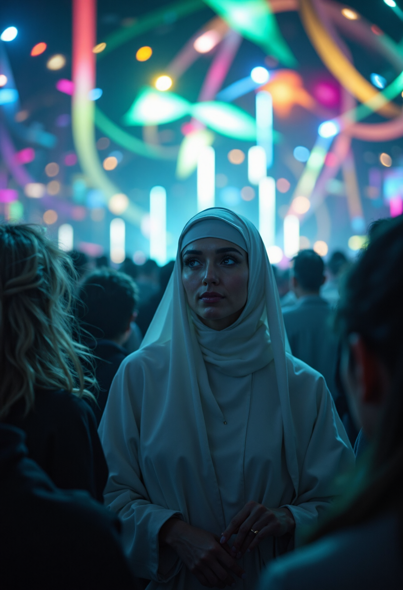 cinematic film still AA serene and mysterious figure stands amidst a swirling vortex of vibrant colors, where a nun's traditional attire mingles with the frenzied energy of a rave. The nun's brilliant white habit is immaculately detailed, with delicate folds and intricate embroidery that seem to shimmer under the pulsating lights. Her expression remains calm and soft, a subtle contrast to the intense atmosphere surrounding her. The DJ booth, clad in its sleek metallic façade, rises from the midst of the crowd like a gleaming monument. Neon lights dance across its surface as if beckoning the crowd forward, their hues gradating from deep blues and purples at the bottom to electric greens and yellows towards the top. . shallow depth of field, vignette, highly detailed, high budget, bokeh, cinemascope, moody, epic, gorgeous, film grain, grainy