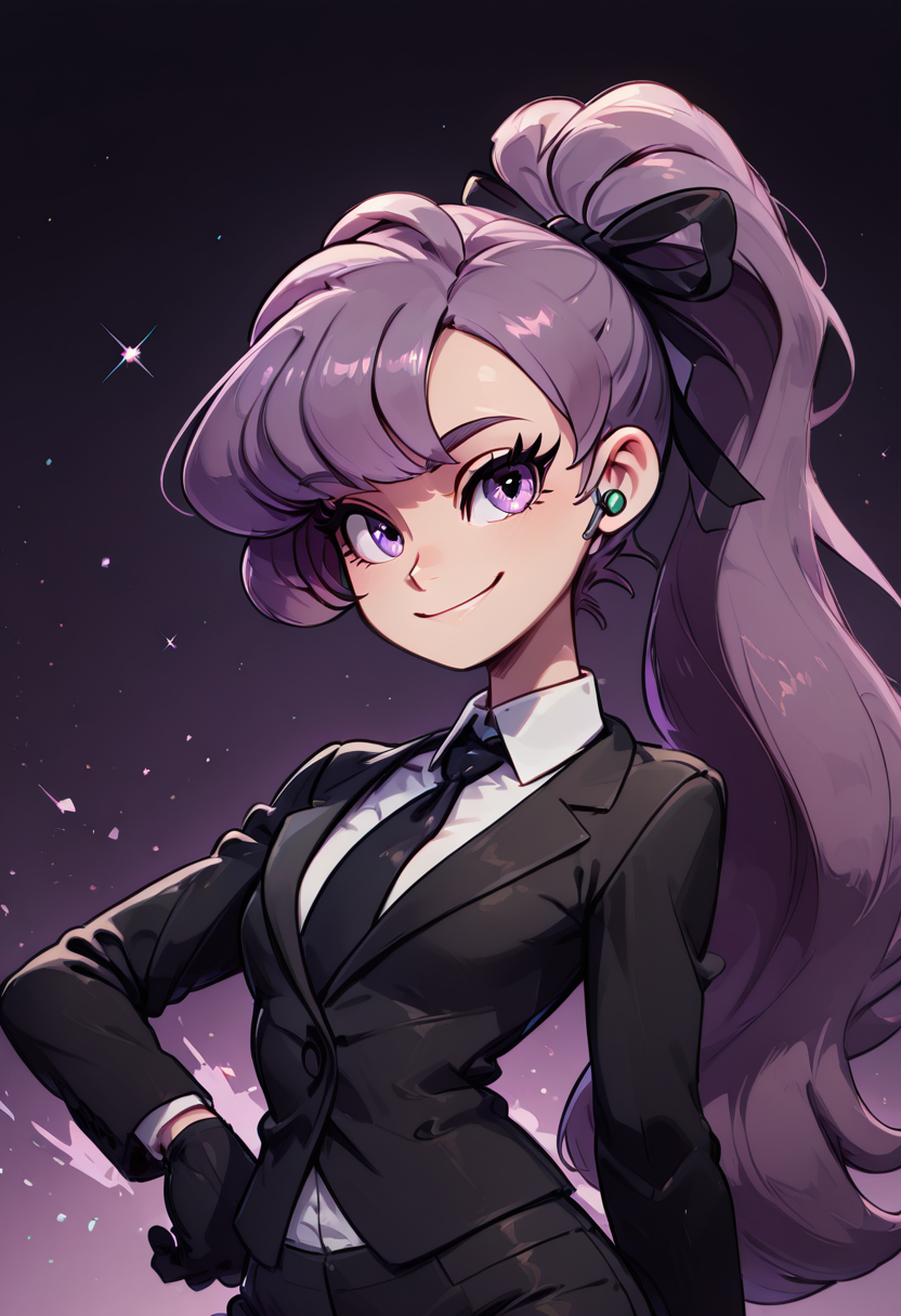 (masterpiece, best quality, good quality, very aesthetic, absurdres, newest:1.2),  zzAnabel, purple hair, purple eyes, long hair, ponytail, ribbon, hair ribbon, bangs, black ribbon, black suit, formal, black tie, black gloves,  , <lora:AnabelPokemon_IXL_v2:1.0>,, smile, looking at viewer, cowboy shot,  ,<lora:GoldenCATLoraNAI:1.0>,
