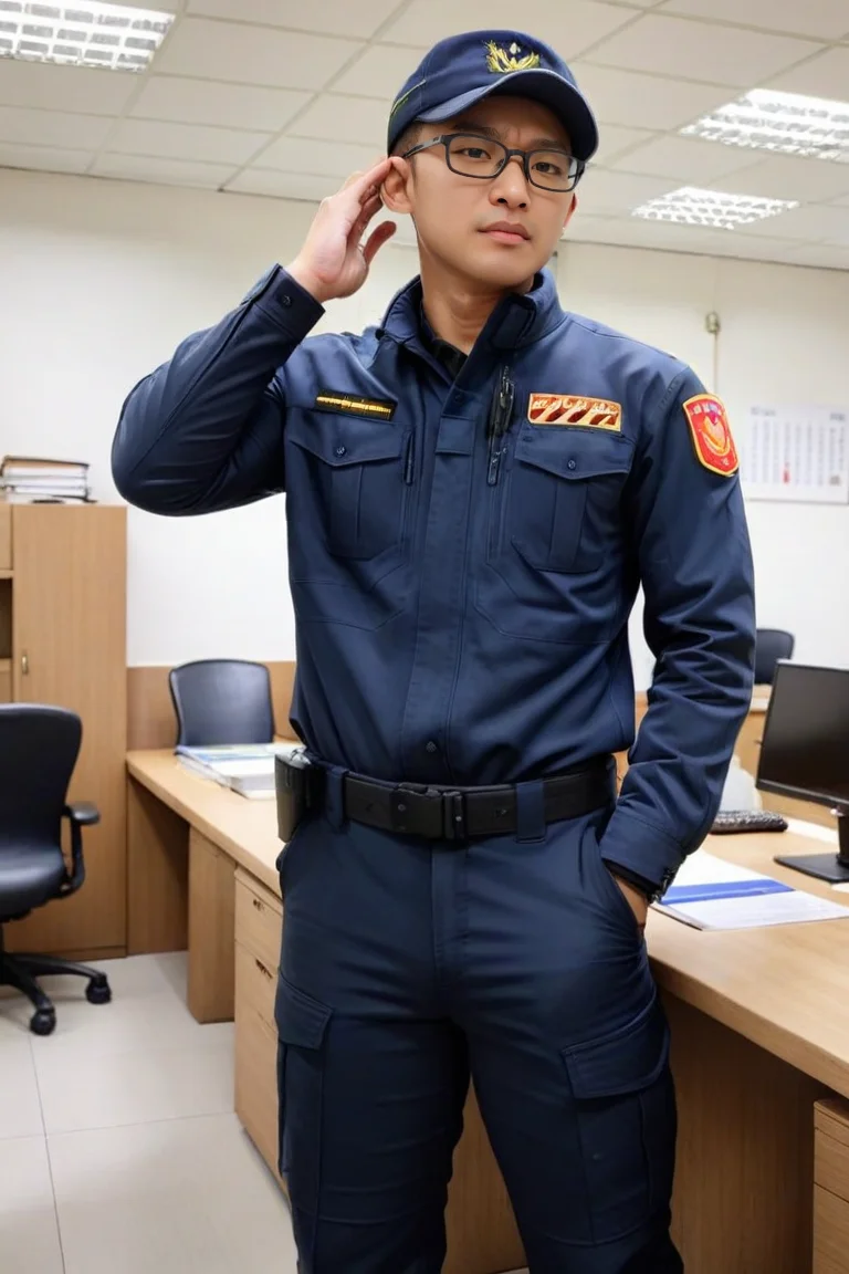 score_9, score_8_up, score_7_up, score_6_up, perfect anatomy, perfect proportions, best quality, masterpiece, high_resolution, high quality, highres, gay, homo, bara, male focus, male only, mature, masculine, manly, hunk, virile, rugged, hunky, handsome, charming, alluring, dutch angle, cowboy shot, asian man, Taiwanese man, young man, black eyes, black hair, glasses, facial hair, HannekenTWpolice02, black police jacket, untucked jacket, black pants, black boots, (black police cap, fatigue cap), walkie-talkie, tired, police office, office desk, indoors, interior, adjusting headwear