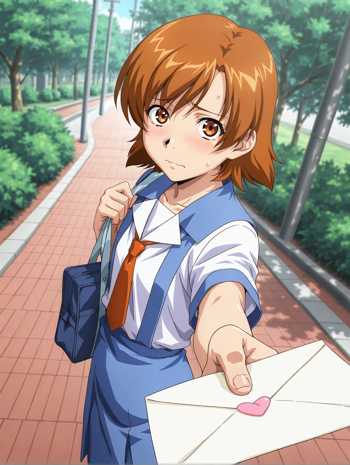 <lora:interlude-v2:0.8> t4m4k1, 1girl, solo, nervous, looking at viewer, holding, necktie, bag, foreshortening, letter, love letter, suspender skirt, blue skirt, outdoors