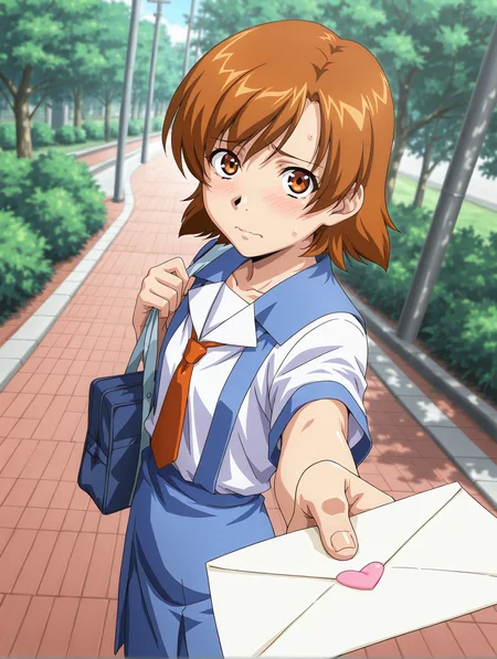 <lora:interlude-v2:0.8> t4m4k1, 1girl, solo, nervous, looking at viewer, holding, necktie, bag, foreshortening, letter, love letter, suspender skirt, blue skirt, outdoors