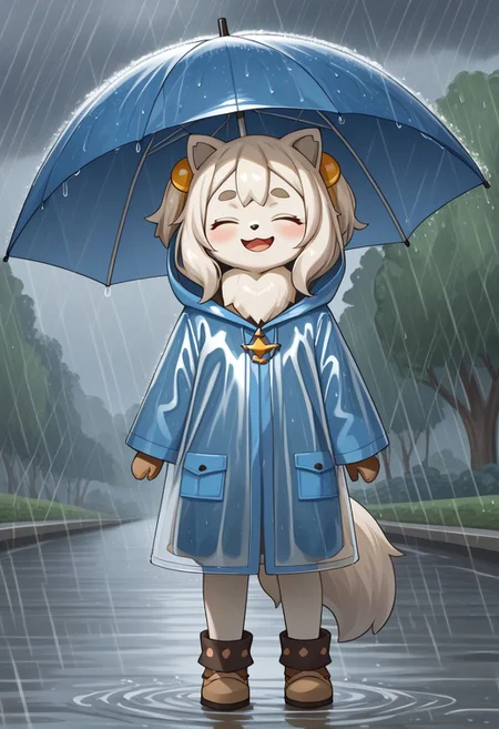 (absurdres), (highest_quality), (masterpiece), fini_(world_flipper), furry, kemono, anthro, 1girl, solo, closed eyes, open mouth smile, smiling, flat chest, young, alternate outfit, raincoat, rain, cloudy, umbrella, detailed shading