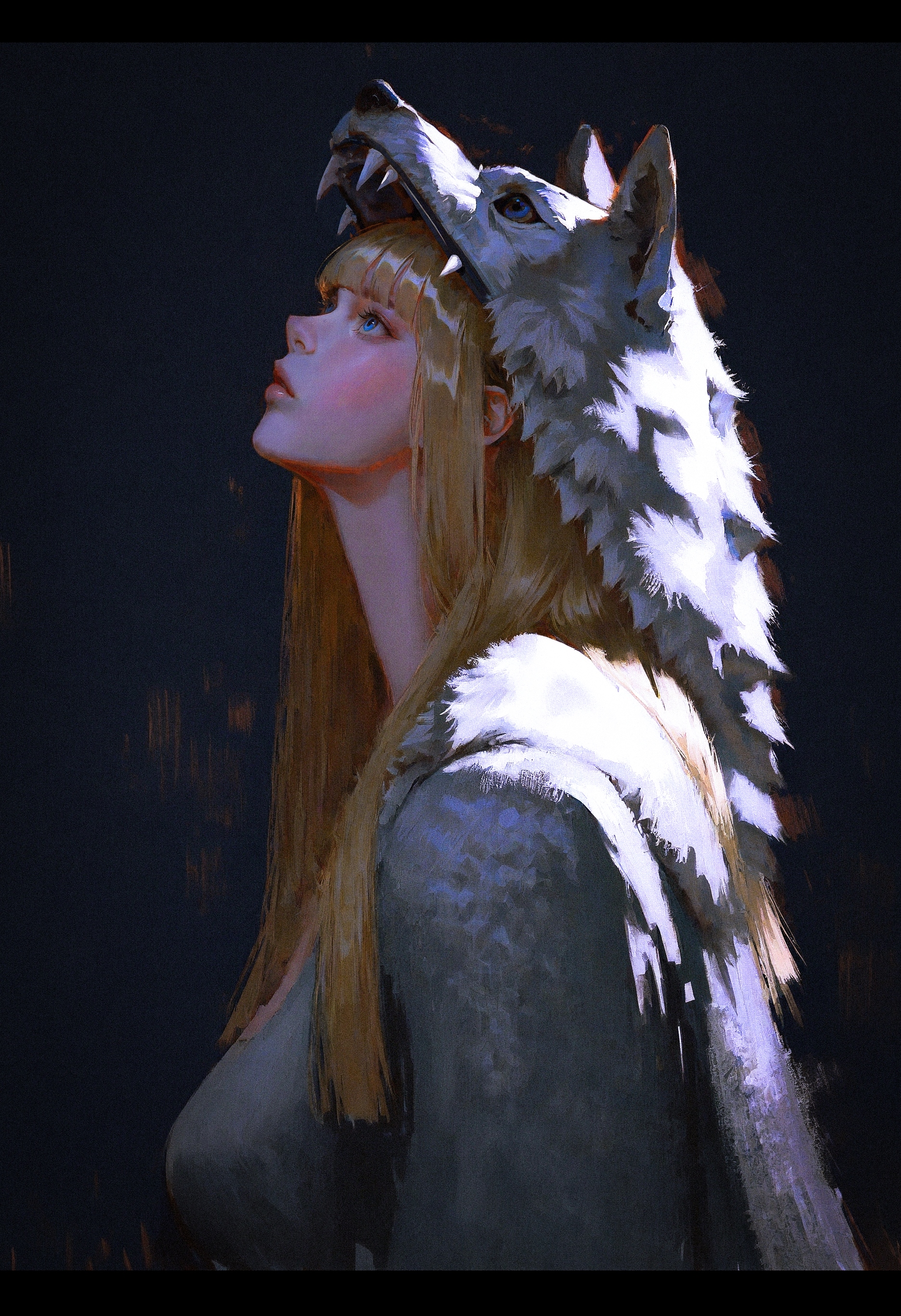 highres, greatscore, textured, painterly, painting \(medium\), (96yottea:1.15), <lora:aestx-urang-20:0.7> aestx, photorealistic, 
1girl, blonde hair, blue eyes, long hair, straight hair,  wolf pelt,  profile, dark theme, shaman theme,  blunt bangs, blunt ends, looking up, aged up,
