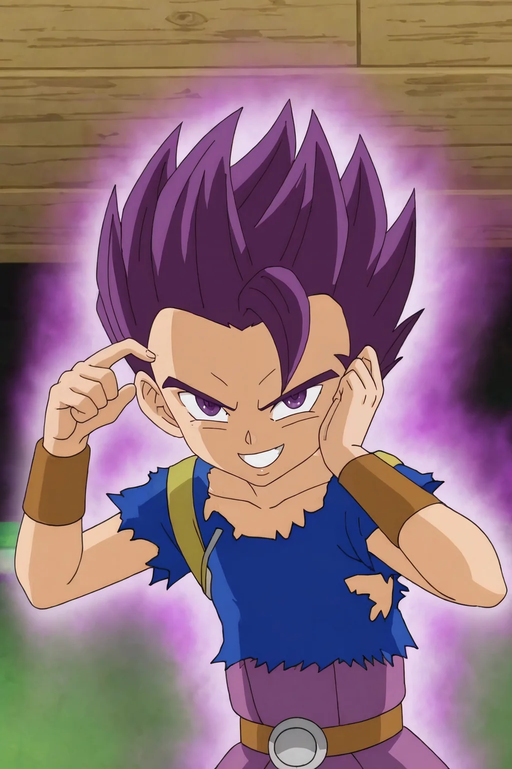 source_anime, score_9, official style, anime screencap,
cabba, ultra ego, (((no eyebrows))), constricted pupils, solo, looking at viewer, smile, blue shirt, 1boy, purple eyes, upper body, purple hair, male focus, grin, aura, clenched hands, bracer, brown armwear, shiny hair, v-shaped eyes, torn clothes, short sleeves, collarbone
<lora:cabba_pony_v1:0.7>