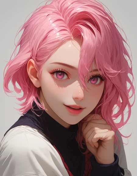zPDXLxxx, Expressiveh,
shiratori aira, pink hair, short hair, pink eyes, solo, open mouth, 1girl, hair between eyes, looking at viewer, long sleeves, jacket, school uniform,
small breasts, natural sagging breasts,
score_9, score_8_up, score_7_up,score_6_up,
highres, high quality, perfection, masterpiece, detailed, source_anime, simple white background, 1girl, solo, front view portrait, face focus, intricate features, beautiful girl, young adult, youthful, petite body, detailed face, beautiful face, innocent face, eyelashes, perfect eyes, detailed eyes, medium breasts, clothed, standing, smiling, looking at viewer,