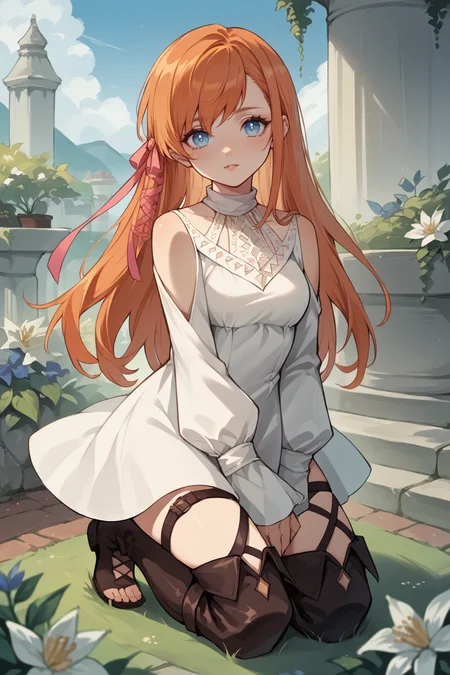 score_9, score_8_up, score_7_up, score_6_up, source_anime, BREAK 1girl <lora:ryne-pdxl-nvwls-v1:1> ryne, orange hair, blue eyes, hair ribbon, white dress, shoulder cutout, thigh strap, thigh boots, kneeling, looking at you, sky, garden