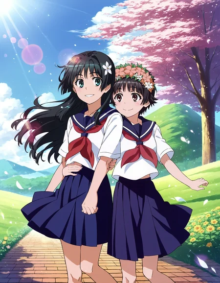 score_7_up, source_anime,
2girls, uiharu kazari, flower hair, saten ruiko, smile, arm around waist,
blue skirt, serafuku, white shirt, outdoors, lens flare, light particles, wind,
<lora:style_railgun-pony-v1.7:1>