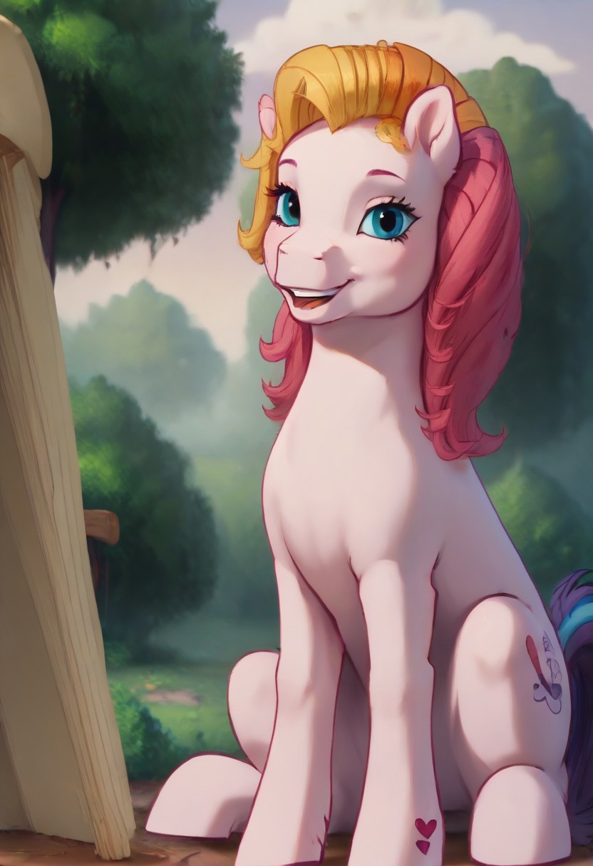 score_9, score_8_up, score_7_up, score_6_up, score_5_up, score_4_up, detailed background
outdoors, park
Toola-Roola mlp, feral, pony, multicolored hair, slim, smile, break.
looking at viewer, 3/4 side view, sitting on ground, waving hoof