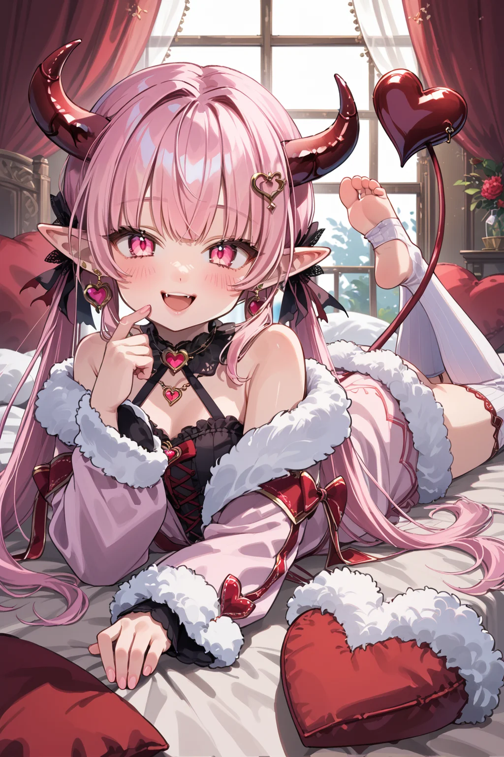 trente, 1girl, bangs, bare shoulders, barefoot, curtains, demon tail, earrings, feet, fur trim, heart, horns, jewelry, long hair, looking at viewer, lying, on stomach, open mouth, pink eyes, pink hair, pointy ears, smile, soles, solo, tail, the pose, toeless legwear, toes, twintails, virtual youtuber, <lora:Trente:0.7>