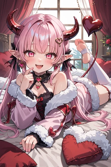 trente, 1girl, bangs, bare shoulders, barefoot, curtains, demon tail, earrings, feet, fur trim, heart, horns, jewelry, long hair, looking at viewer, lying, on stomach, open mouth, pink eyes, pink hair, pointy ears, smile, soles, solo, tail, the pose, toeless legwear, toes, twintails, virtual youtuber, <lora:Trente:0.7>