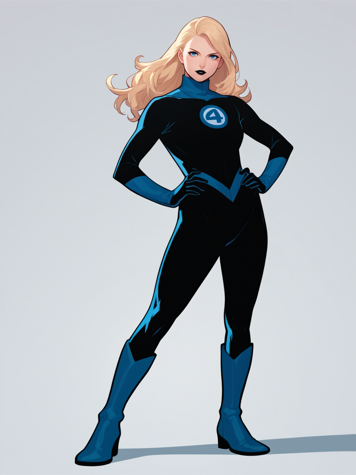 score_9, score_8_up, score_7_up, score_6_up, score_5_up, score_4_up, BREAK, source_anime,
1girl, susanrichards, blonde hair, long hair, blue eyes, makeup, black lips,
black bodysuit, blue turtleneck, gloves, boots,
hands on hips, looking at viewer, standing, full body, looking at viewer, solo, simple background, white background  <lora:SusanRichardsXL:1>