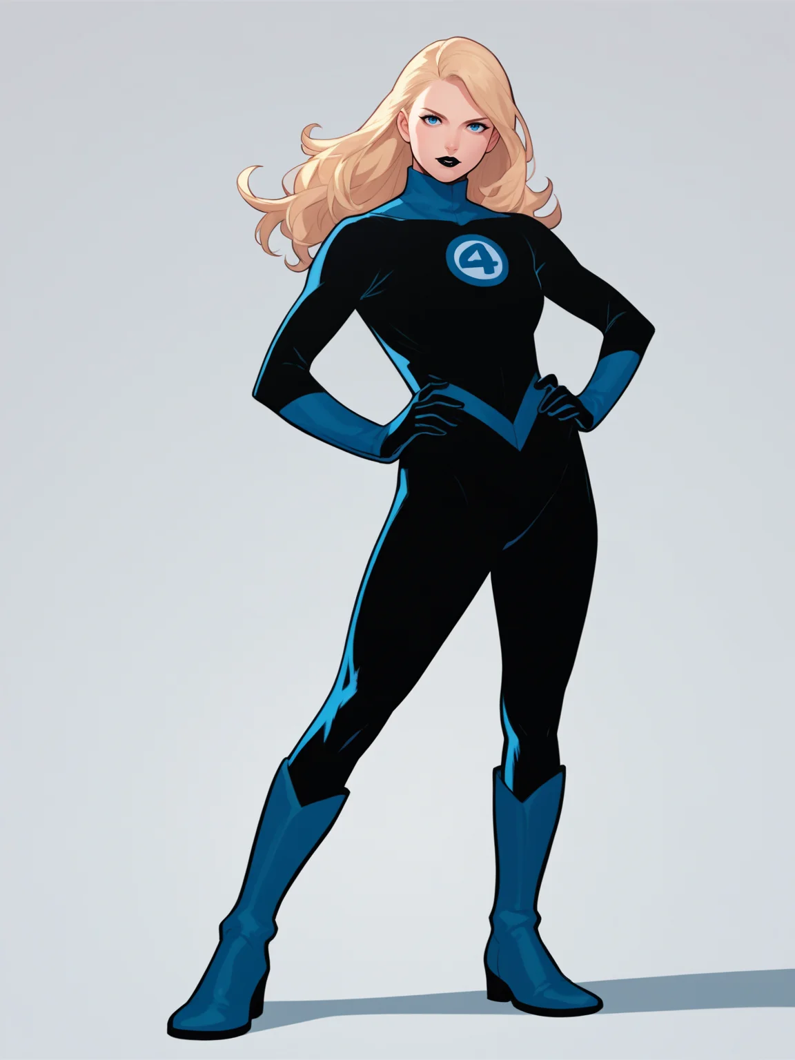score_9, score_8_up, score_7_up, score_6_up, score_5_up, score_4_up, BREAK, source_anime,
1girl, susanrichards, blonde hair, long hair, blue eyes, makeup, black lips,
black bodysuit, blue turtleneck, gloves, boots,
hands on hips, looking at viewer, standing, full body, looking at viewer, solo, simple background, white background <lora:SusanRichardsXL:1>