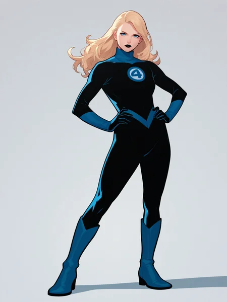 score_9, score_8_up, score_7_up, score_6_up, score_5_up, score_4_up, BREAK, source_anime,
1girl, susanrichards, blonde hair, long hair, blue eyes, makeup, black lips,
black bodysuit, blue turtleneck, gloves, boots,
hands on hips, looking at viewer, standing, full body, looking at viewer, solo, simple background, white background <lora:SusanRichardsXL:1>