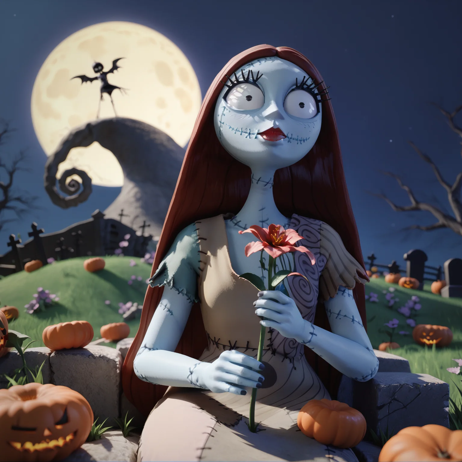 (score_9, score_8_up, score_7_up), halloween, night, moon, stars, (curly hill), Tim_burton style, wide angle view, grass tuft, facing viewer, 3d, cgi,
sally, 1girl, stitches, solo, blue skin, long hair, red hair, dress, looking down, sitting, leaning against gravestone, wistful, longing, holding flower, plucking flower petals,