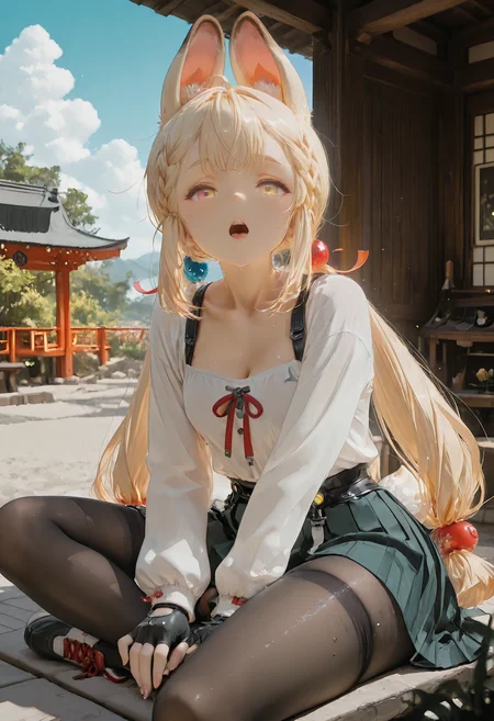  alice, animal ears, blonde hair, braid, bangs, hair ornament, low twintails, tail, rabbit tail, short tail, (heterochromia: 1.2), (heterochromia: red and yellow), the right eye is red, the left is yellow, skirt,  black gloves, fingerless gloves, black pantyhose, pleated skirt, long sleeves, low-tied long hair, shoes, white shirt,, sweat,  aesthetic, absurdres,  curvy woman,  parted lips, thigh highs, (dynamic angle), solo, Enchanting Eyes, tired face, yawning,  score_9, score_8_up, score_7_up, 1girl, solo, looks at viewer,  flexible, sexy pose,  breasts, (slim body: 1.2), (detailed face: 1.2), (detailed body: 1.2), perfect face, cowboy_shot,  (perfect face: 1.2), (detailed background), summer, outdoors, blue_sky, hands on legs,  sunny, sunlight, (colorfull), , ultra-detailed, intricate details,  masterpiece, best quality, (highres: 1.2), 8k, sharp focus, dramatic lighting, rim light, soft shiny skin, perfect face, perfect eyes, detaled body, cinematic lighting,  vivid color, sharp details, detailed clothing, super detailed skin, detailed eyes, detailed hands, perfect fingers, elegant hands, (detailed nails:1.2), (long slender fingers:1.1),  detailed lips, 5 fingers        