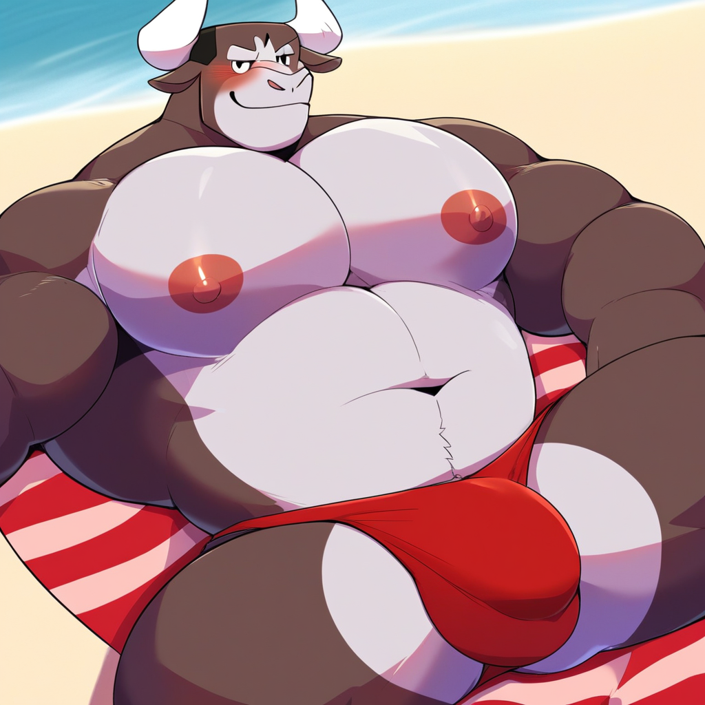 Muscular male, 1boy, solo, beach background, furry, bull, brown body, red speedo, large pectorals, large nipples, sitting down, white bull horns, smirking, sitting on beach towel, blushing