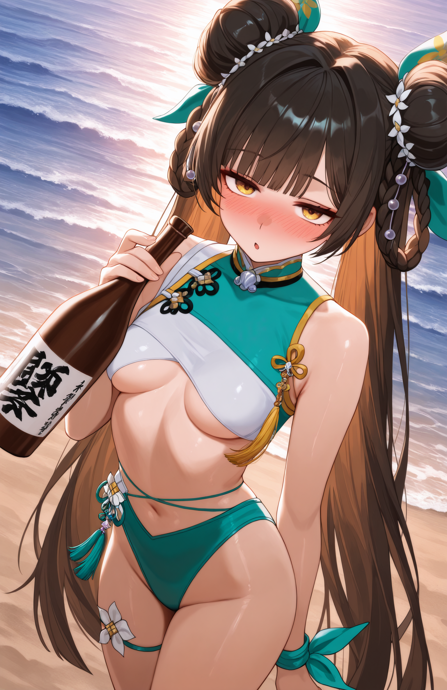 masterpiece, best quality, 1girl, Ldn, black hair, yellow eyes, double bun, low twintails, braided hair rings, cross-laced bikini, multicolored bikini, charm (object), aqua bikini, white bikini,  hair ornament, wrist ribbon, tassel, hair ribbon, pendant choker, thigh strap, underboob, bare shoulders, hair beads, holding sake bottle, drunk, looking at viewer, beach,     <lora:Summer toast 5:1>