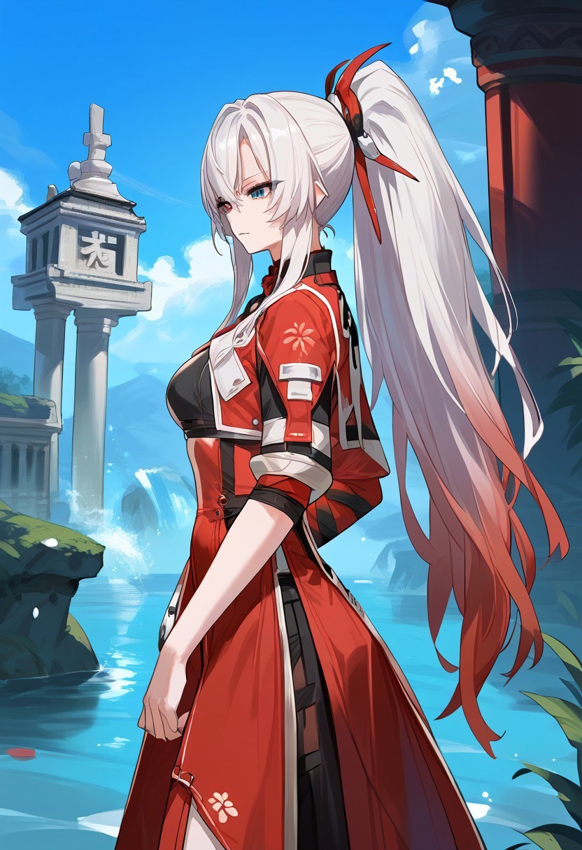 zPDXL3, score_9_up, score_8_up, score_7_up, (Anime_source), 1girl, CrimsonWeave, heterochromia, red eye-blue eye, long hair, ponytail, multicolored hair, white-red hair, from side, chinese clothes, red dress, long dress, long sleeves, ancient temples, ancient time, water fall, 