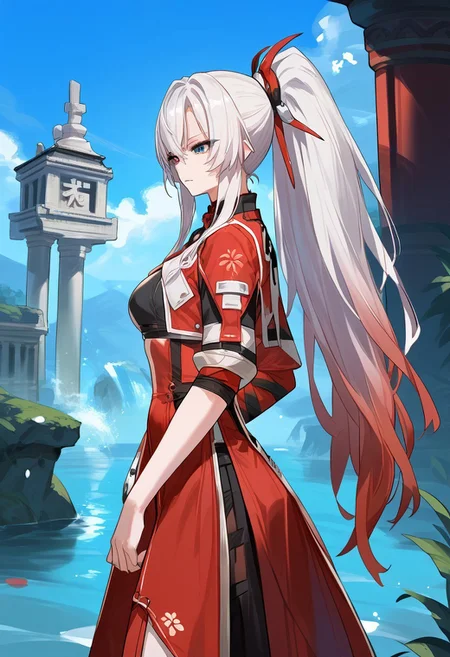 zPDXL3, score_9_up, score_8_up, score_7_up, (Anime_source), 1girl, CrimsonWeave, heterochromia, red eye-blue eye, long hair, ponytail, multicolored hair, white-red hair, from side, chinese clothes, red dress, long dress, long sleeves, ancient temples, ancient time, water fall,