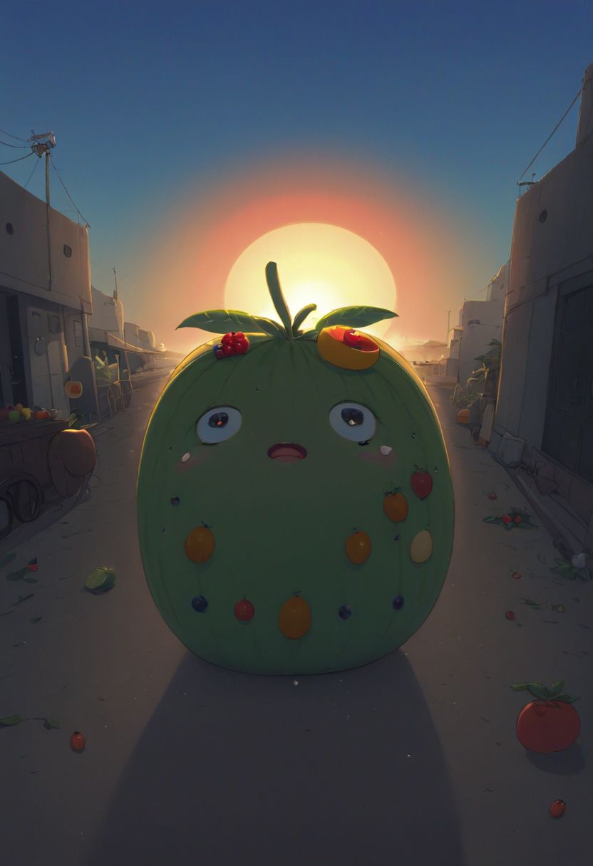 Studio Ghibli animation featuring a fruit man sobbing on the beach in Tel Aviv, volumetric sunlight