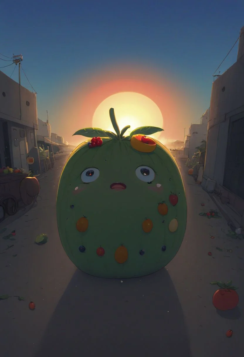 Studio Ghibli animation featuring a fruit man sobbing on the beach in Tel Aviv, volumetric sunlight