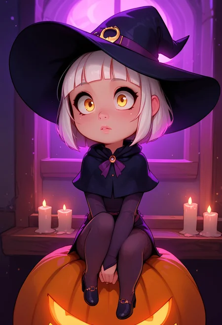 best quality, highly detailed, score_9, score_8_up, score_7_up, score_6_up,source_anime, BREAK, expressiveh, 1girl(Mikola from AFK Journey/,(ultra HD quality details), short white hair, hair hanging loose, (yellow eyes), SFW, Safe For Work, wide eyes, cutest girl in the world), source_cartoon, lineless, lilandavastyle, easynegative, g0thicPXL, glowing, neon, depth of field, makeup, Halloween theme, creepy haunted house interior, wearing a dark purple witch's outfit with a pointy witch hat, solo girl only, cute image, chibi, gleeful expression, carving a huge pumpkin,