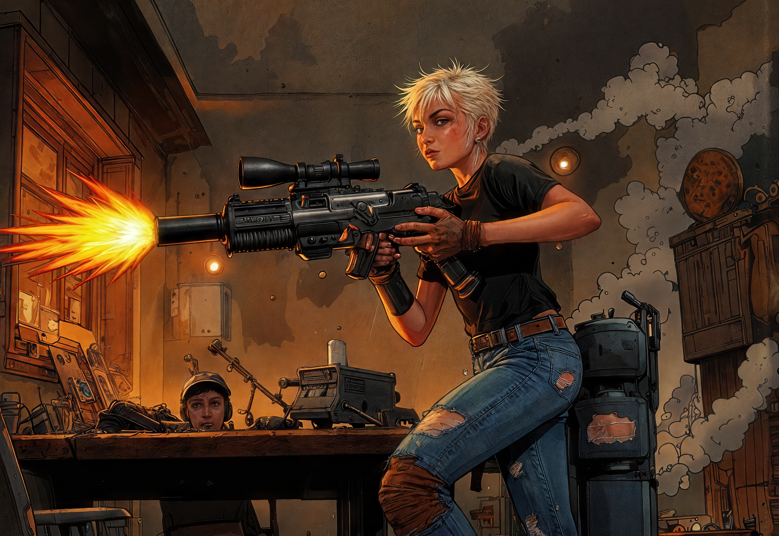 (hyper coherent image:1.4) (finely intricate details in the background:1.4) an hyper-realistic photography of the side view of an angry tankgirl woman in a black T-shirt and ripped jeans, expressing intense rage as she fires with a submachine gun. Her face, marked by determination, is illuminated by bursts of explosions in the background, creating a striking contrast with the dramatic shadows enveloping her body. Around her, concrete debris and shards of glass fly through the air, accentuating the intensity of the action. The scene is filled with black smoke, adding an ominous atmosphere, while neon lights emanate from a ruined building, offering a modern touch to the chaotic environment. The background is a devastated cityscape, reinforcing the sense of danger and conflict. The image should be comic-style, with bright colors and exaggerated features to accentuate the action. Use a hyper-realistic approach to capture every detail, such as the textures of his worn jeans and the metallic surface of the machine gun.  hyper-detailed, photorealistic and in 8k resolution,  perfect anatomy.â<lora:flux_tank_girl_rank16_bf16-step03000:0.6>