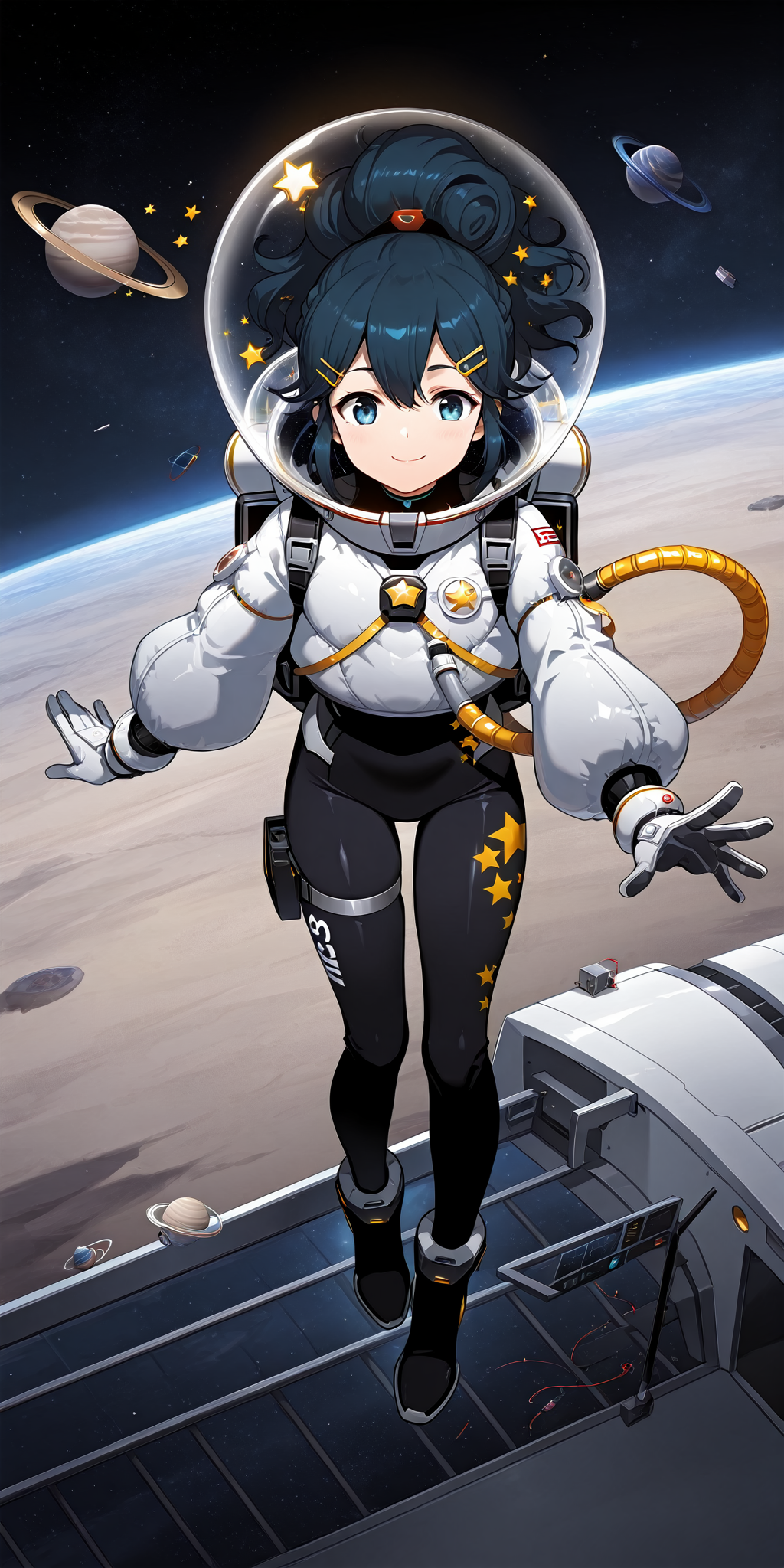score_9,score_8,masterpiece,outdoors,1girl,solo,<lora:Light of Genesis - Langrisser-000060:1>,
Outfit_astronaut,smile,hair ornament,full body,hairclip,white gloves,star (symbol),bodysuit,black bodysuit,space,planet,spacesuit,space helmet,