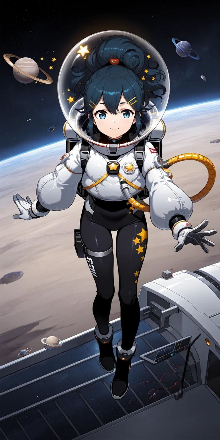 score_9,score_8,masterpiece,outdoors,1girl,solo,<lora:Light of Genesis - Langrisser-000060:1>,
Outfit_astronaut,smile,hair ornament,full body,hairclip,white gloves,star (symbol),bodysuit,black bodysuit,space,planet,spacesuit,space helmet,