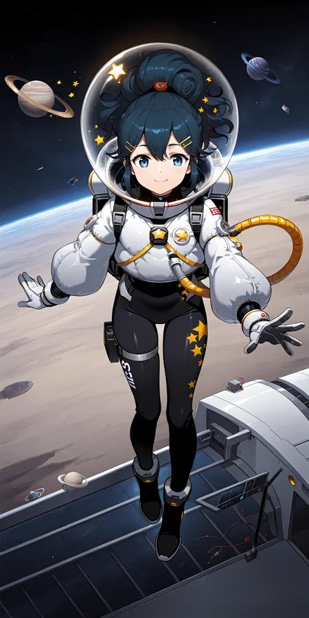 score_9,score_8,masterpiece,outdoors,1girl,solo,<lora:Light of Genesis - Langrisser-000060:1>,
Outfit_astronaut,smile,hair ornament,full body,hairclip,white gloves,star (symbol),bodysuit,black bodysuit,space,planet,spacesuit,space helmet,