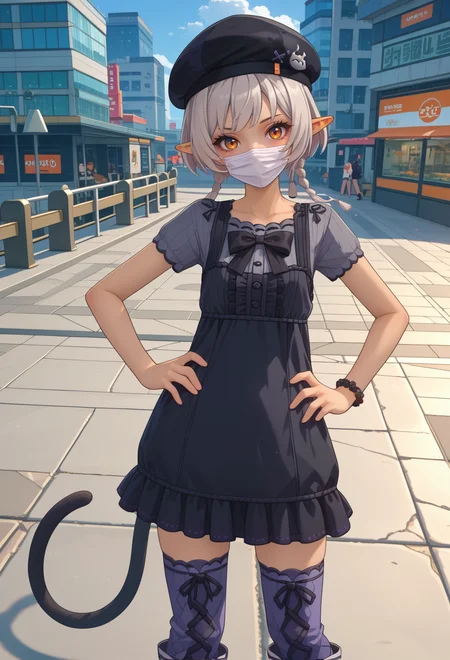 score_9, score_7_up, source_anime, BREAK <lora:AEArchie:0.8> AEArchie, orange eyes, brown eyes, grey hair, short hair, low twintails, twin brainds, pointy ears, animal ears, braid, cat tail, dark-skin, mole under eye, mouth mask, tail bow, black headwear, beret, black bow, grey shirt, short sleeves, black dress, short dress, center frills, bead bracelet, watch, argyle legwear, grey thighhighs, purple thighhighs, blue thighhighs, boots, cross-laced, white footwear, zettai tyoiki,
hand on own hip, head tilt,