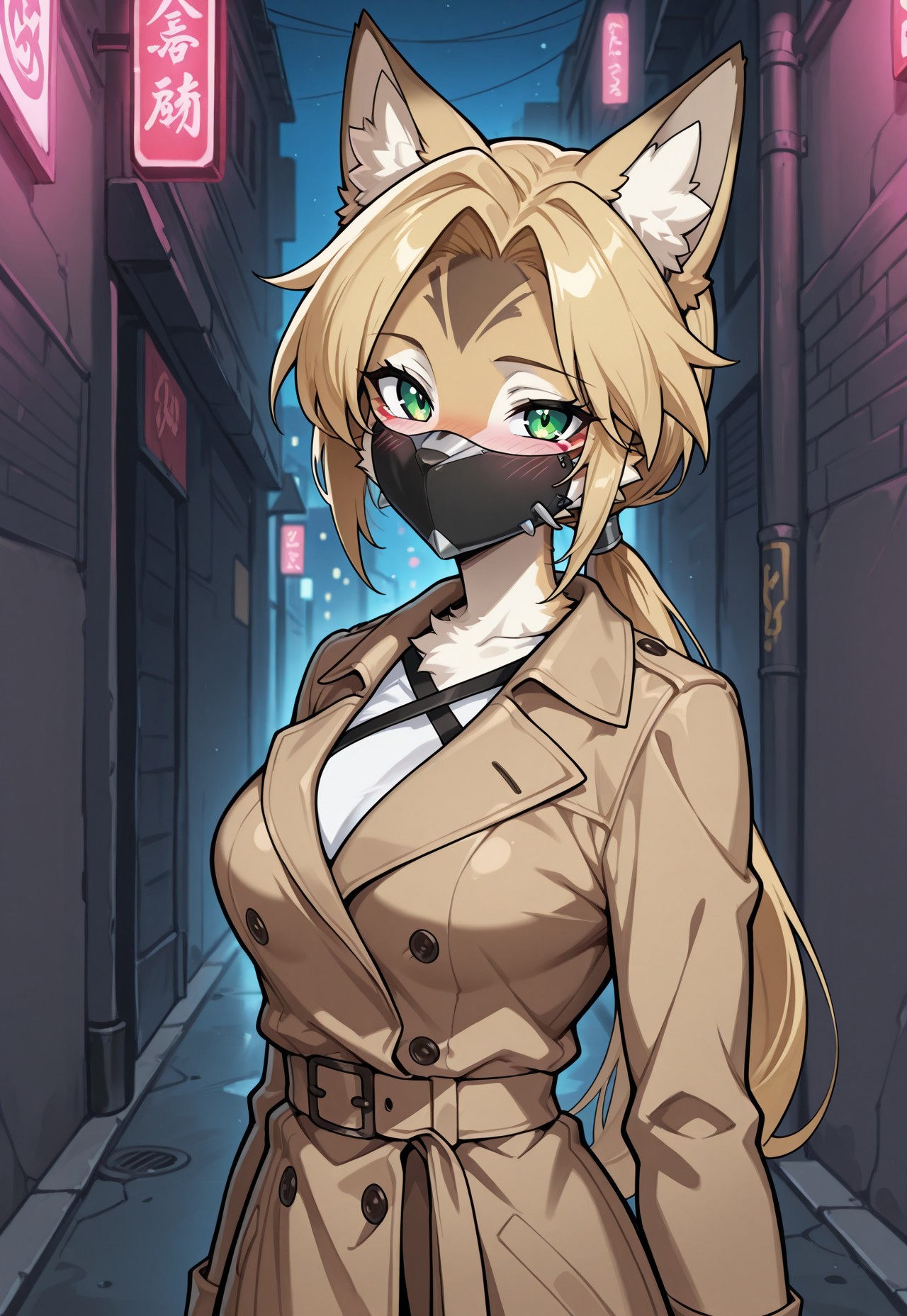 absurdres, high quality, , masterpiece, best quality, very aesthetic, amazing quality,  anime, anime style, 1girl, pulchra fellini, animal ears,animal ear fluff, furry, furry female, green eyes,facial mark,  multicolored fur, blonde hair, animal nose, ponytail, medium breasts, trench coat, blush, looking at viewer, street, night,  backalley, face mask